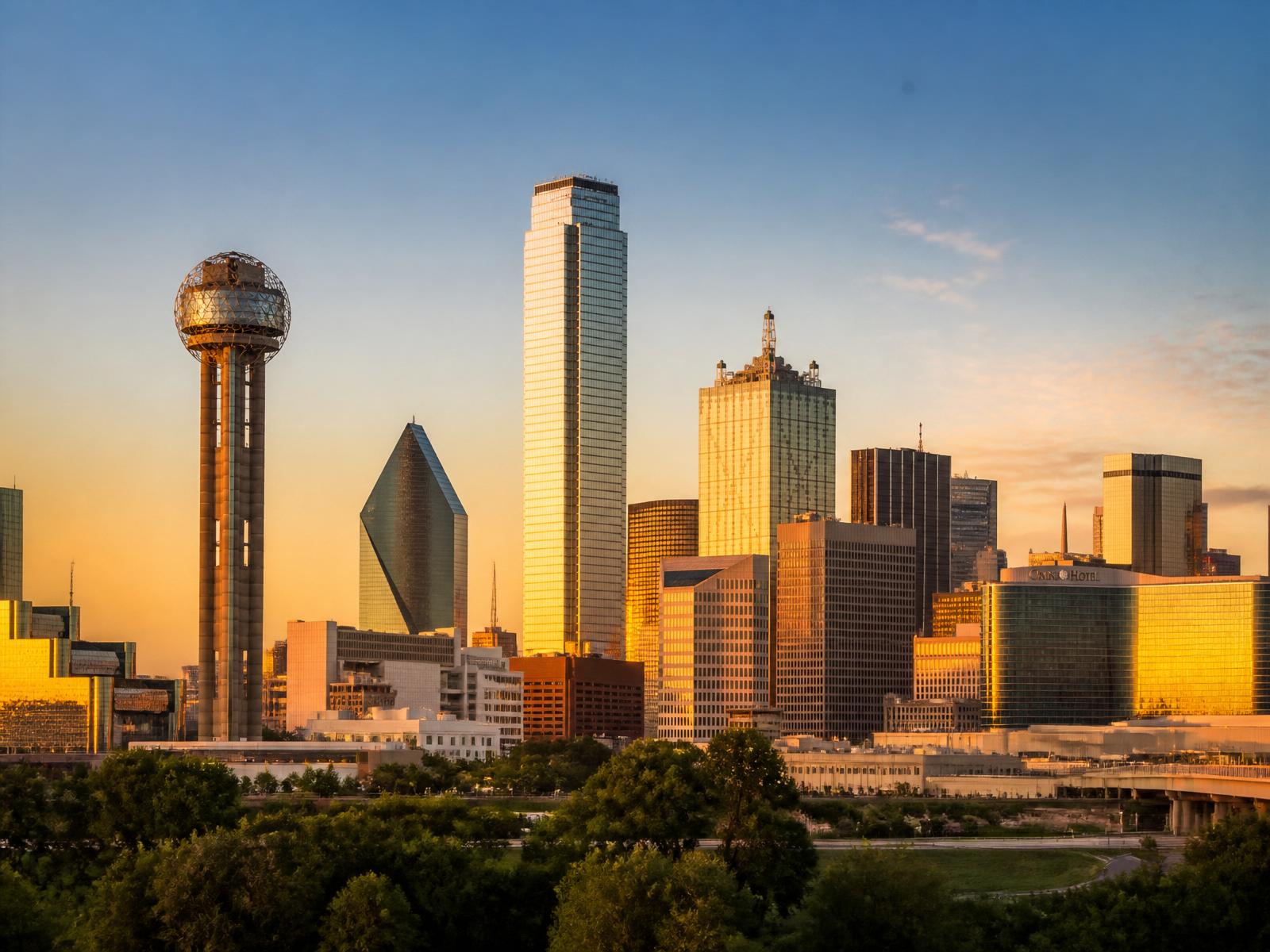 Dallas skyline with Reunion Tower at sunset, representing the broader DFW metroplex Thornton serves.